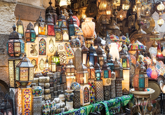 Stacked illuminated copper lanterns, Khan El Khalili bazaar, Cairo, Egypt