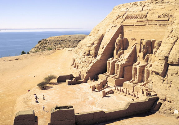 top view of Abu Simbel Temples Against the Horizon and nile river sunny day 