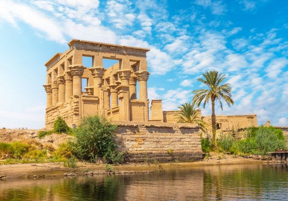 Beautiful view of Trajan's Kiosk and Temple of Philae seen from the river in Aswan Egypt