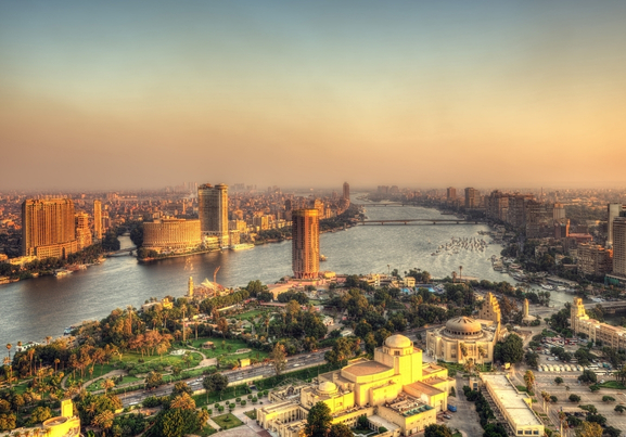 Cairo skyline over the nile river at sunset egypt