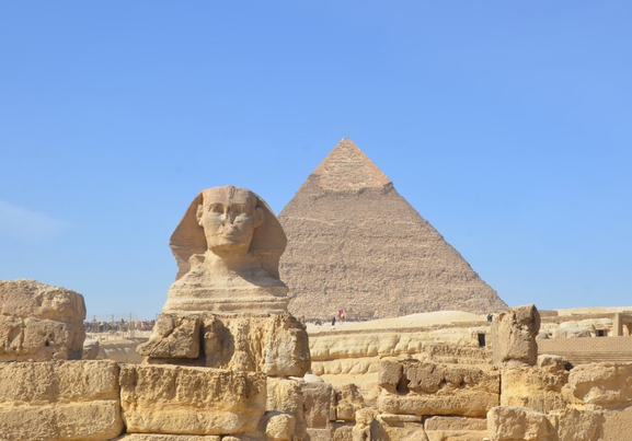 Great pyramid of Cheops and Sphinx in Giza plateau and The Great Pyramid of Giza at the back.