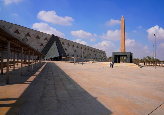 Grand Egyptian Museum with Obelisk under Blue Skies cairo egypt