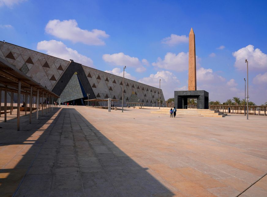 Grand Egyptian Museum with Obelisk under Blue Skies -cairo-egypt