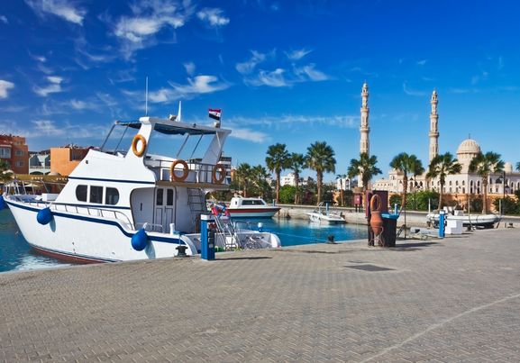 Marina and Mosque in the morning at sunny day and red sea Hurghada, Egypt