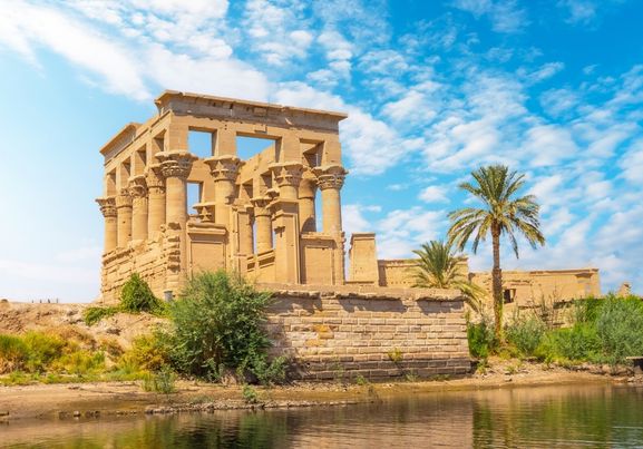 Beautiful view of Trajan's Kiosk and Temple of Philae seen from the river in Aswan, Egypt