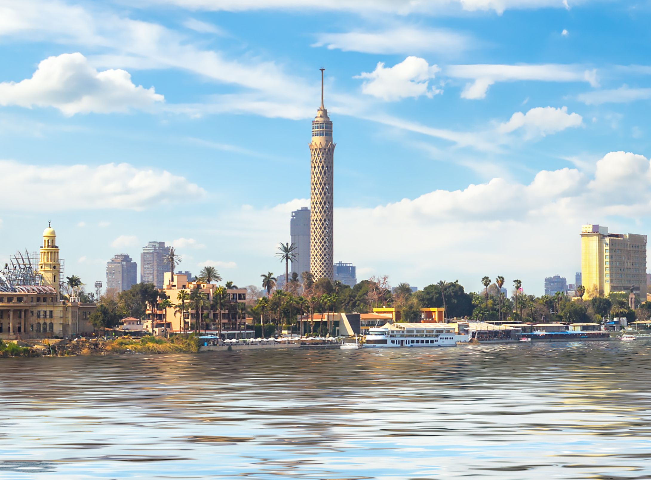 Sailboats in Cairo-cairo tower-nile river with blue sky -egypt