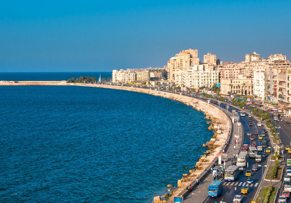 View of Alexandria harbor in the morning with blue sky, Egypt