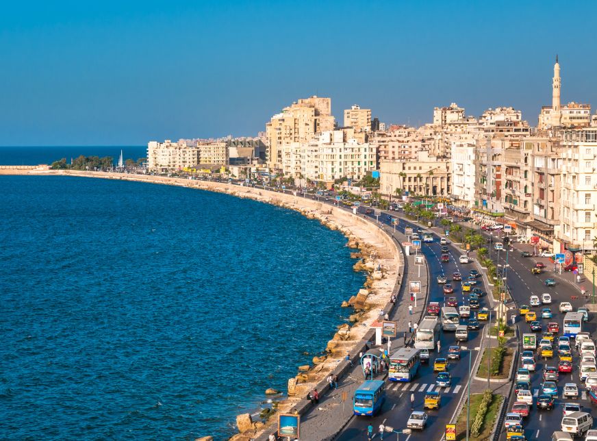 View of Alexandria harbor with blue sky Mediterranean sea Egypt