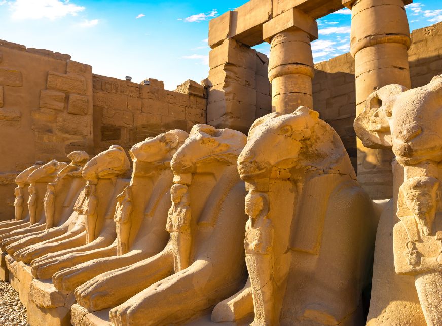 close view of avenue of Sphinxes in Karnak Temple Luxor egypt