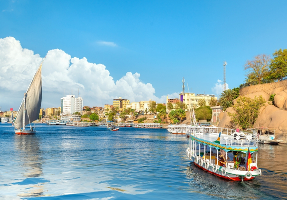 Cityscape of Aswan-sailing boat-the felucca -nile river- egypt