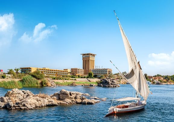 Saiboats in Aswan on river Nile at summer day, Egypt