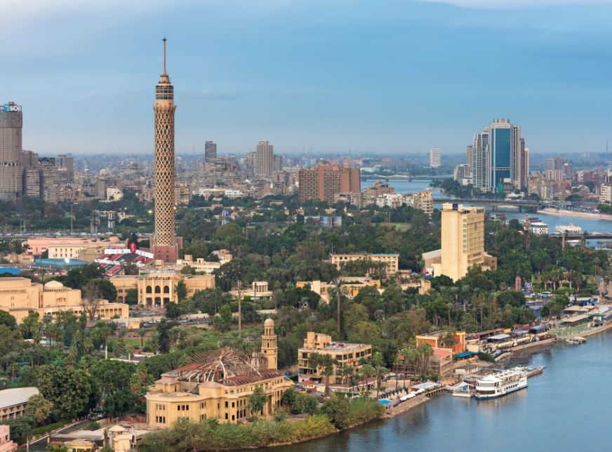 cairo tower view with nile river  and blue sky at cairo ,egypt