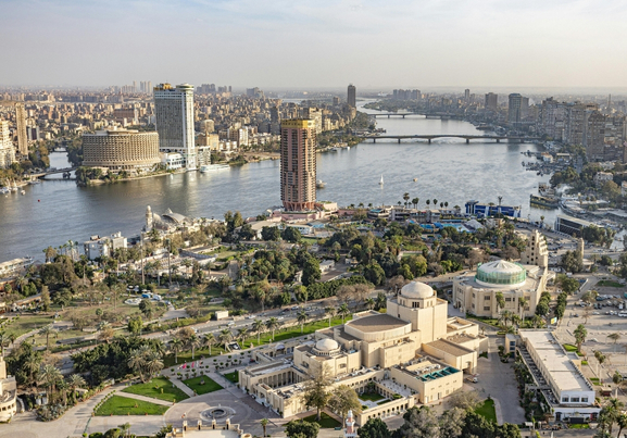 view over nile river early morning and city tower cairo egypt
