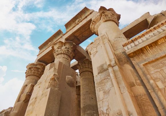 Ruins of the Temple of Kom Ombo in the Nile River at Sunset, Egypt africa