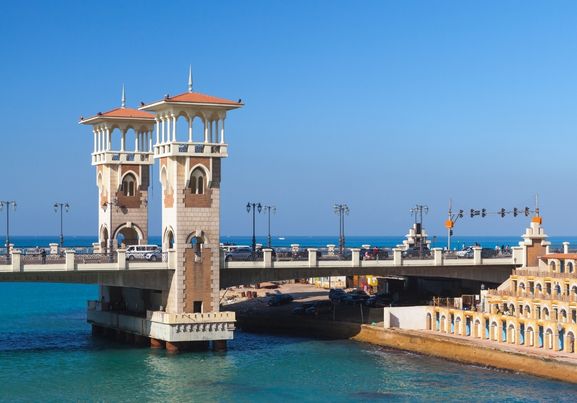 Stanley Bridge on a sunny day, popular landmark of Alexandria, Egypt