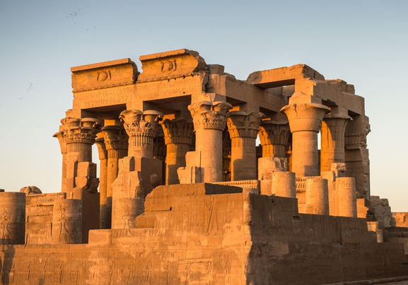 entrannce view of komombo temple in sunny day and blue sky luxor egypt 